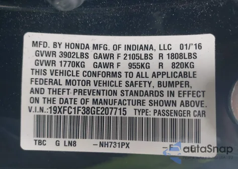 2016 Honda Civic Ex-T z USA, uszkodzony, nr VIN 19XFC1F38GE207715